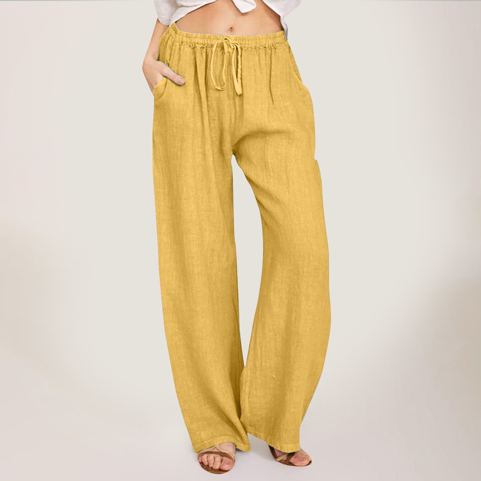thumbnail image 2 of Pantalones anchos de cintura alta para mujer: pantalones elásticos con cordón, cómodos pantalones largos rectos con bolsillos, poliéster, para todas las ocasiones, 2 of 5